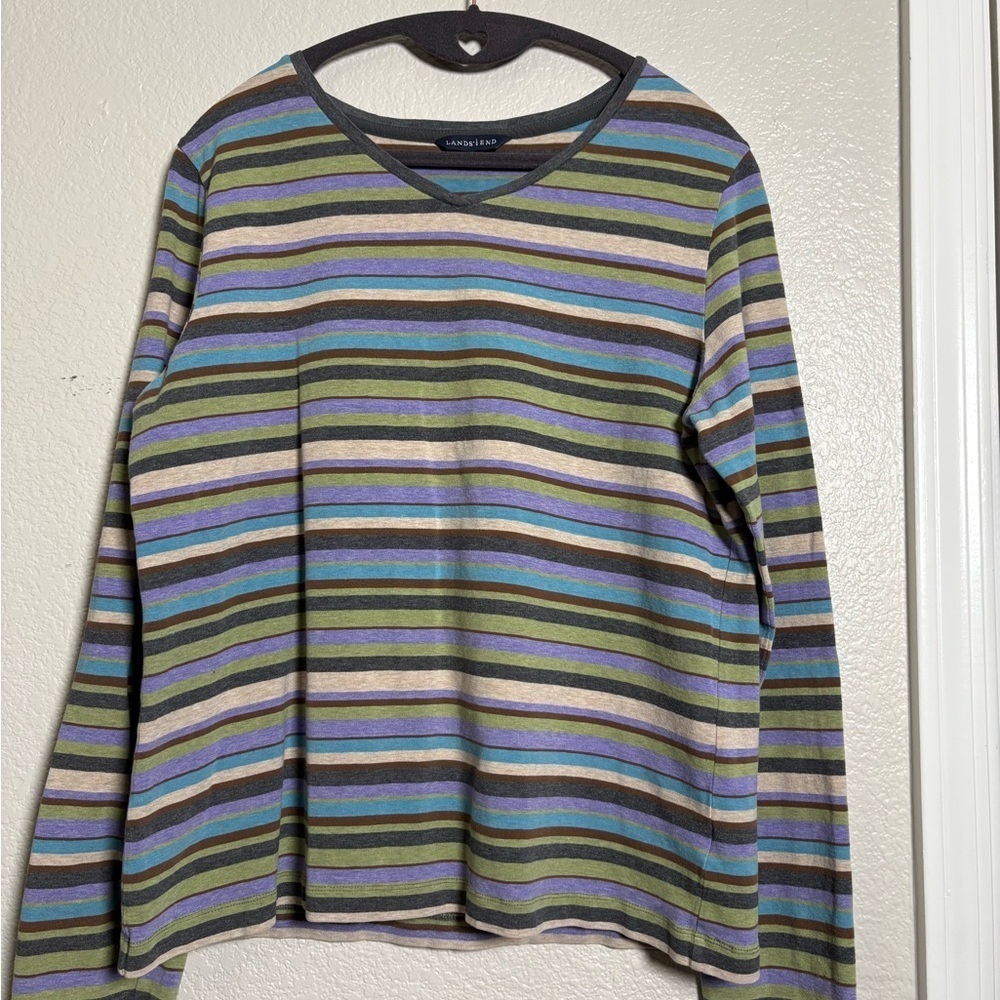 Lands' End Women’s Slight V, Long Sleeve, Soft Cotton Striped Fall T Shirt. L